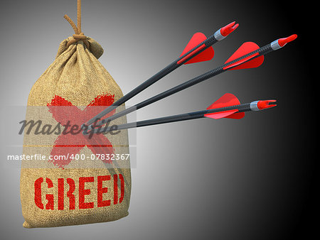 Greed - Three Arrows Hit in Red Target on a Hanging Sack on Green Bokeh Background.