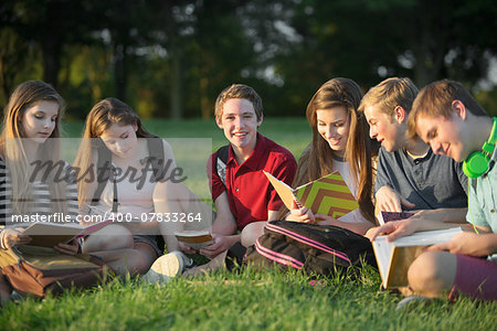 Group of six Caucasian teen students doing homework