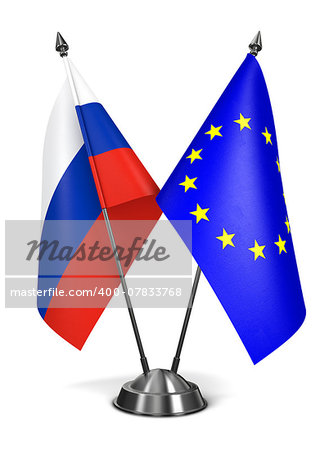 Russia and EU - Miniature Flags Isolated on White Background.