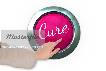 Hand pressing pink button for breast cancer awareness on white background