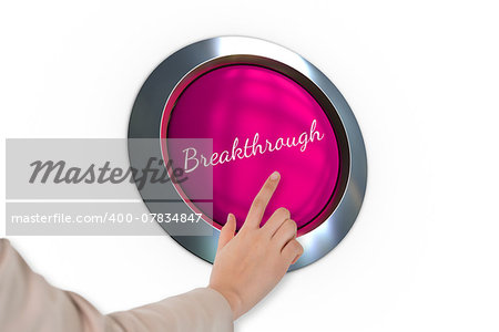 Hand pressing pink button for breast cancer awareness on white background