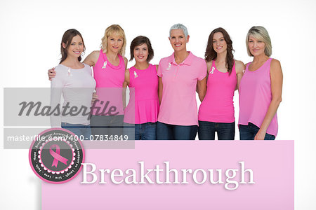 Smiling women posing with pink tops for breast cancer awareness against pink card