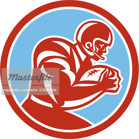 Illustration of an american football gridiron player holding ball running rushing viewed from the side set inside circle on isolated background done in retro style.