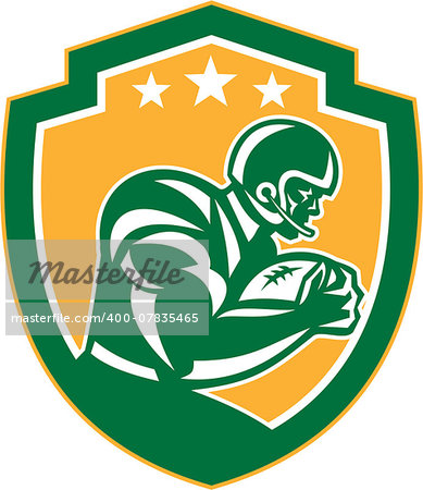 Illustration of an american football gridiron player holding ball running rushing viewed from the side set inside shield crest with stars done in retro style.