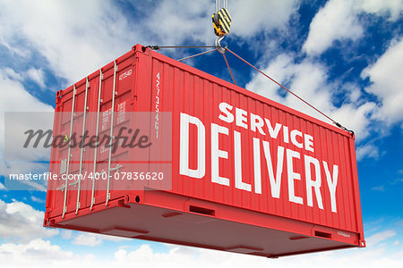 Service Delivery - Red Hanging Cargo Container on Sky Background.