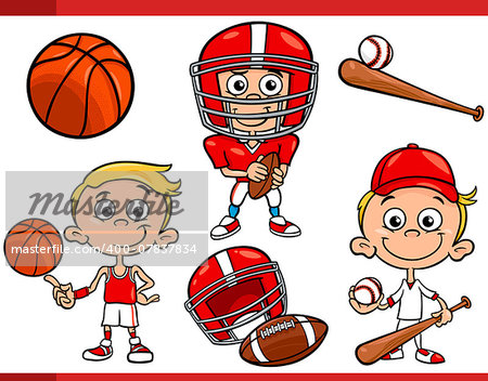 Cartoon Illustration of Funny Boy with American Football and Basketball and Baseball Sport Equipment