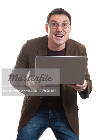 Portrait of an angry man with his laptop, isolated on white background