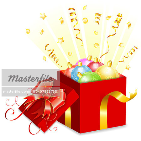Christmas Gift with Colorful Baubles, vector icon isolated on white background.