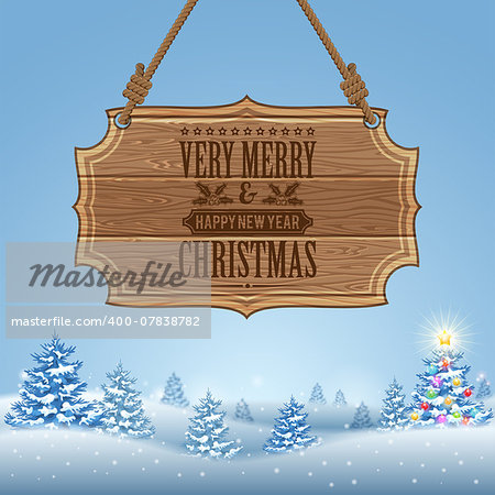 Christmas background with Wooden Sign and Fir Tree. Vector Template for Cover, Flyer, Brochure, Greeting Card.
