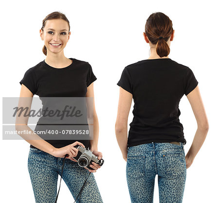 Photo of a beautiful brunette woman with blank black shirt. Ready for your design or artwork.