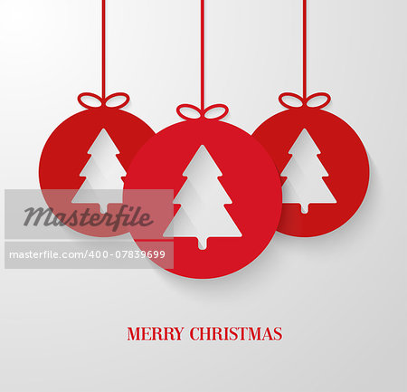 Christmas paper card with hanging toy. Vector illustration.
