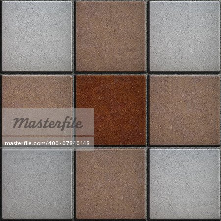 Three Colors Square Pavement Slabs - Brown, Light Brown and Gray. Seamless Tileable Texture.