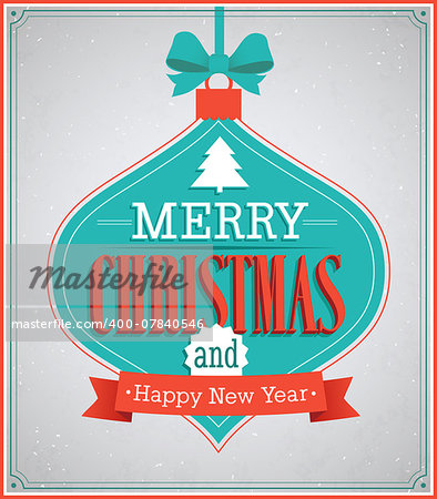 Merry Christmas paper card with hanging toy. Vector illustration.