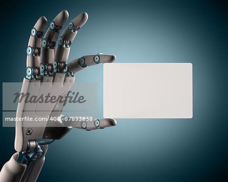 Robotic hand holding a blank card. Your text on the card. Clipping path included.