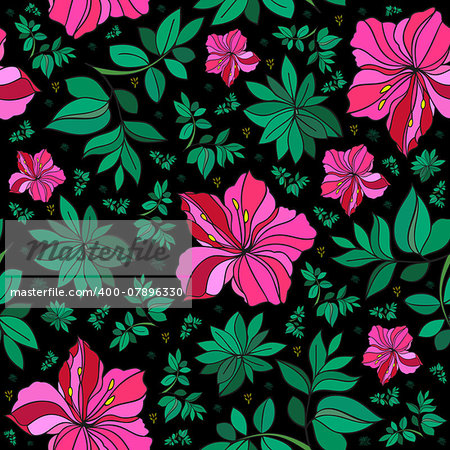 Illustration of seamless abstract floral background in pink, green and black colors