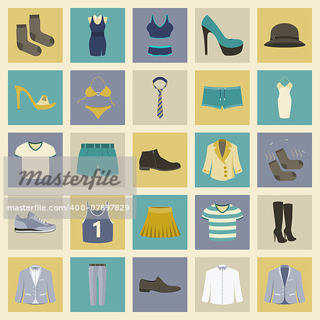 Clothing and shoes flat icons set vector graphic design