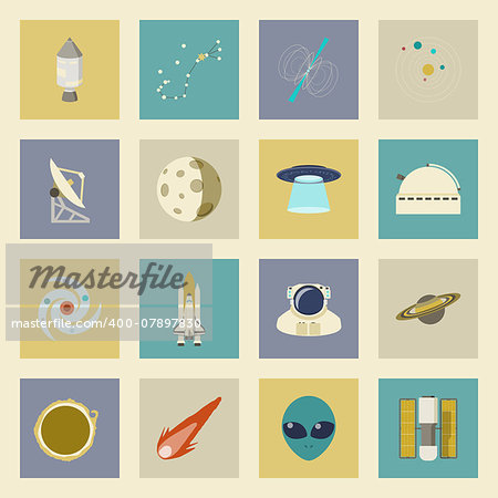 Astronautics and Space flat icons set vector graphic illustration design