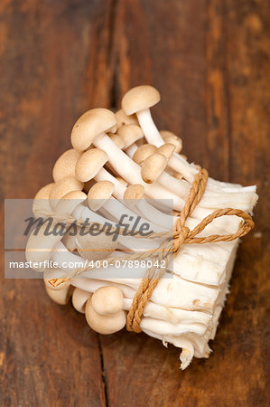 bunch of fresh wild mushrooms on a rustic wood table tied with a rope