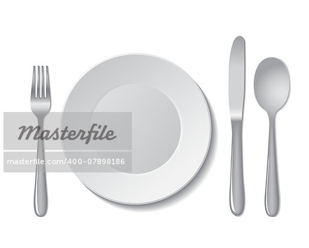 White empty plate with fork, spoon and knife on a white background. Vector illustration.