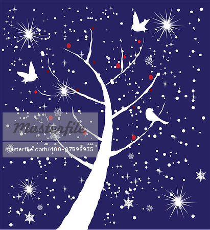 vector snow tree with snowflakes and birds