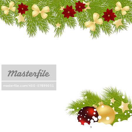 Christmas card with decorations - bows, balls, stars and poinsettia. Vector illustration.