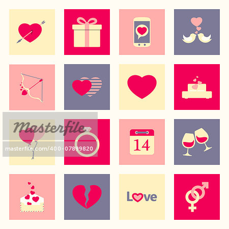 Valentine's day and love flat icons set vector graphic illustration