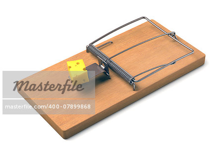 Mousetrap with cheese on white background. Clipping path included.