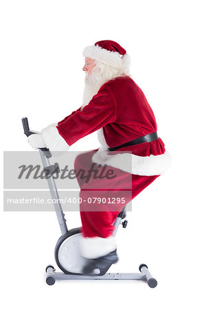 Santa uses a home trainer on white background