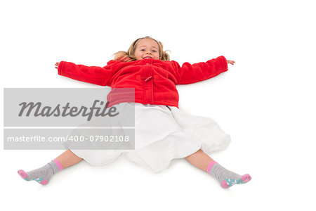 Cute little girl lying on floor on white background