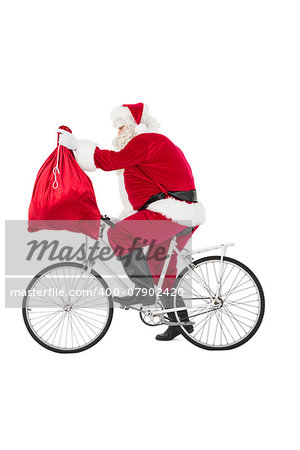Santa cycling and holding his sack on white background