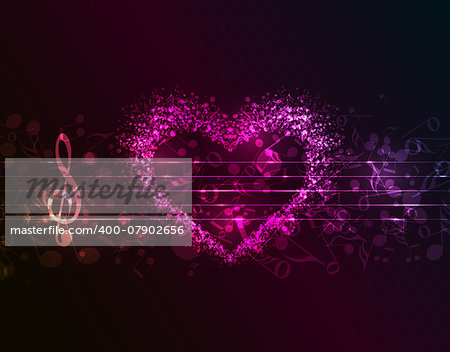 Vector dark background with a heart of musical notes