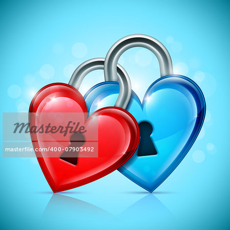 Shiny red and blue heart lock on bright background