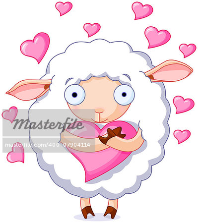 Illustration of very cute sheep holds a heart