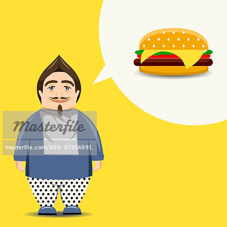 Fast food, burger ( hamburger ), full mouth. Funny guy