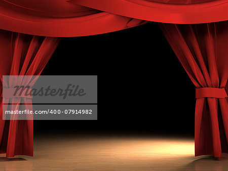 3d illustration of red curtains opened over dark scene