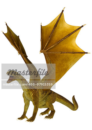 3D digital render of a golden fantasy dragon isolated on white background