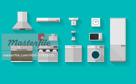 Set of gray flat vector icons with household appliances for kitchen on blue background.