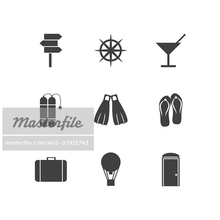 Set of black silhouette vector icons with elements for summer sea resort on white background.