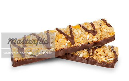 bar with grains and nuts and chocolate on isolated white