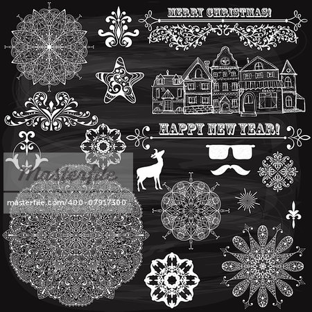 vector vintage holiday  design elements  and snowflakes, fully editable eps 10 file, standard AI fonts, chalk background with transparency effects