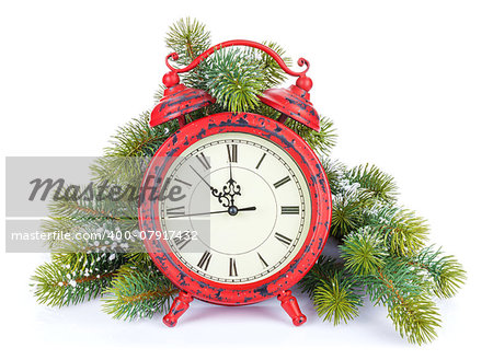 Christmas clock and snow fir tree. Isolated on white background