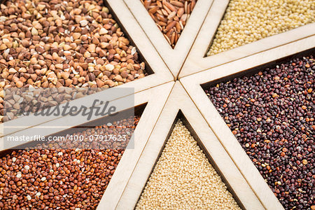 variety of gluten free grains (red and black quinoa, buckwheat, brown rive, amaranth and millet) in a wooden tray, focus on quinoa and amaranth