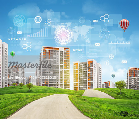 Buildings, green hills, road and sky with virtual elements. Business concept