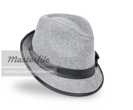 Cool grey, felt trilby/fedora hat isolated on a white background.