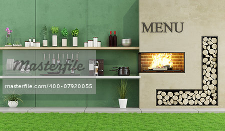 Wall barbecue in a modern garden without furniture - 3D Rendering