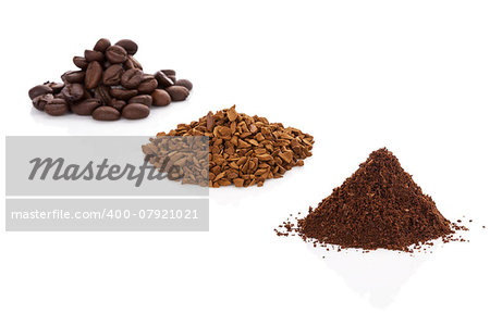 Coffee Variation. Coffee beans, ground coffee and instant soluble coffee heaps isolated on white background. Culinary coffee drinking concept.