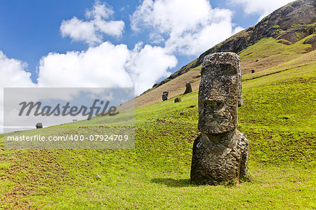 Moai in Rapa Nui National Park on the slopes of Rano Raruku volcano on Easter Island, Chile.