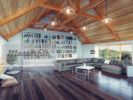 beautiful modern attic interior 3d design concept. Realistic DOF effect