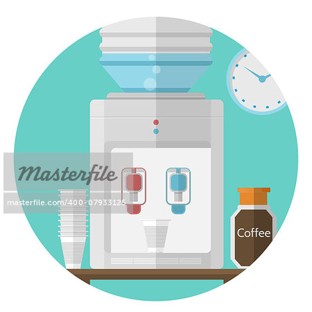 Gray water cooler, jar with coffee and stack of disposable plastic cups. Flat vector icon on white background