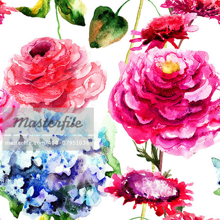 Seamless pattern with Hydrangea and Peony flowers, watercolor illustration